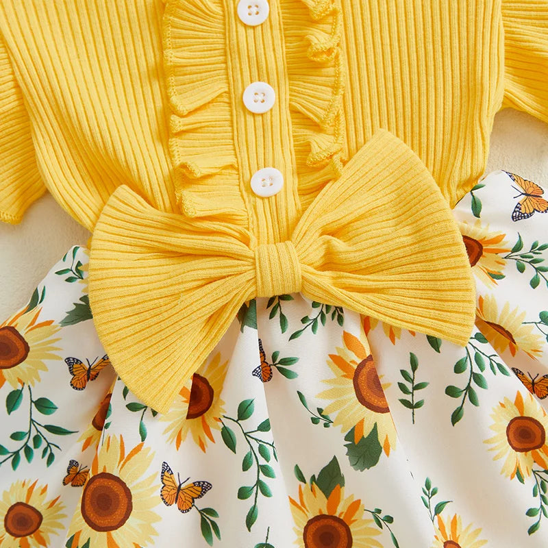 Infant Baby Girl Summer Outfit Sunflower  Print Ruffled Flying Sleeve Crew Neck Romper Dress and Bow Headband 2 Pcs Set