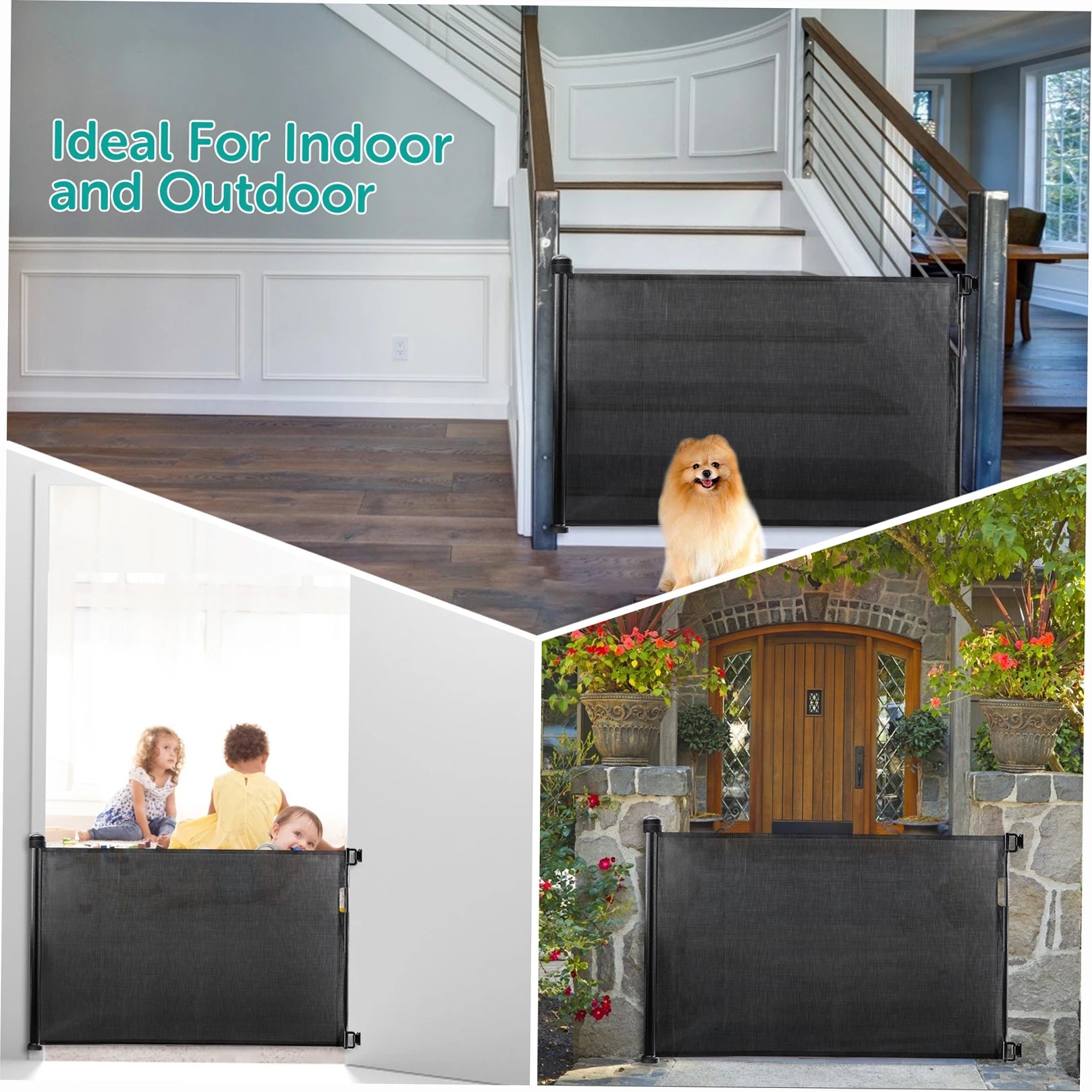 Retractable Baby Safety Gate 34 inch Tall Extends to 61 inch Wide Indoor Outdoor Baby Gate Safety Barrier Pet Dog Mesh Fence Bla