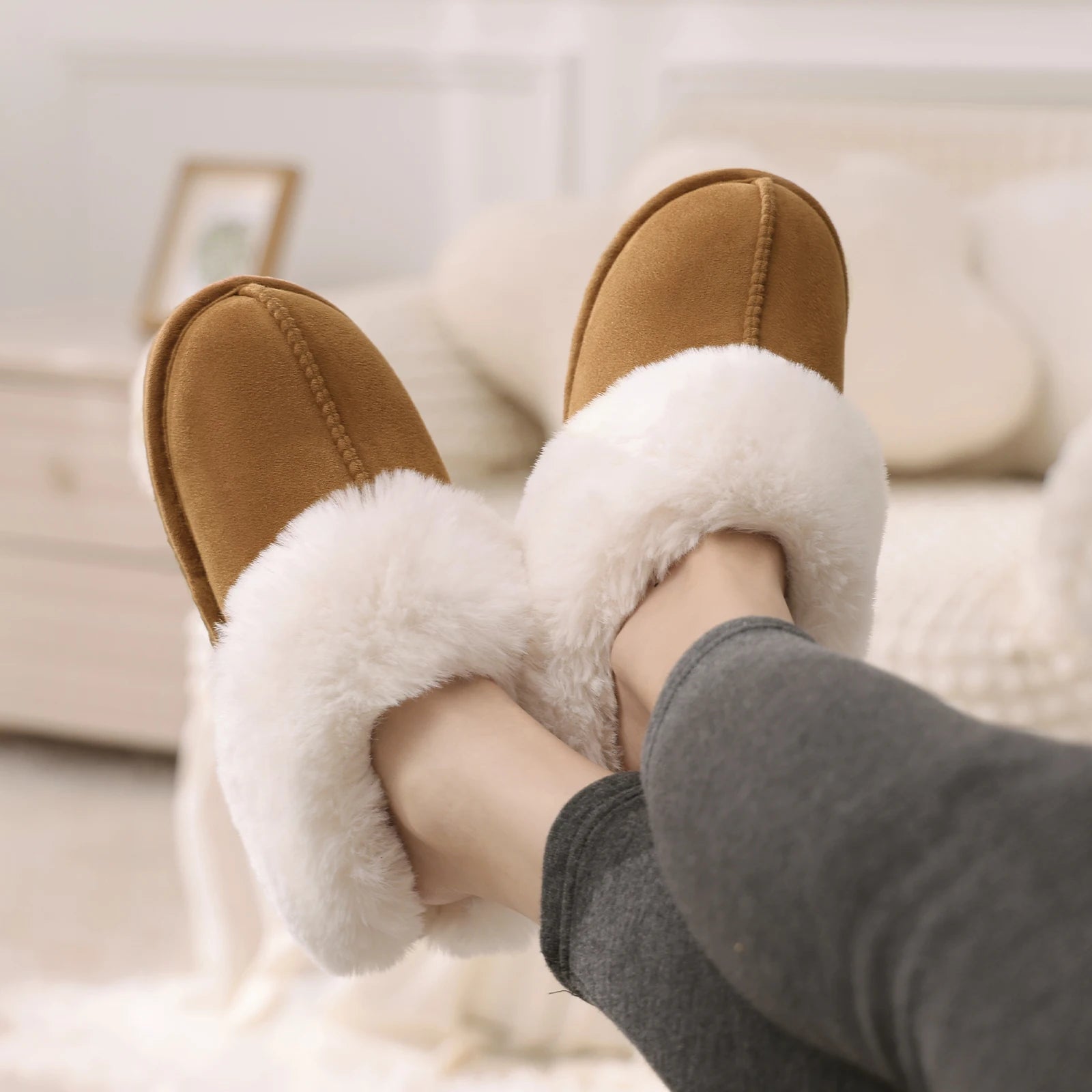 Shevalues Winter Fur Collar Slippers Women Winter Plush Furry Slippers Indoor House Cotton Flat Shoe Fuzzy Memory Foam Slippers