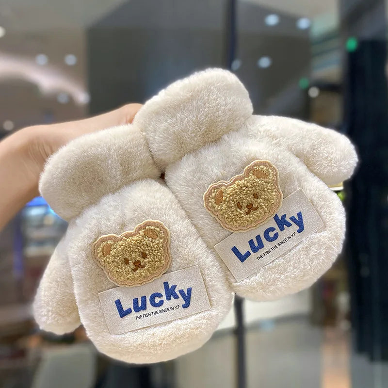 Warm Plush Thick Baby Gloves Winter Plus Coral Fleece Full Finger Gloves Warm Cartoon Gloves for Boys Girls 2-8Y