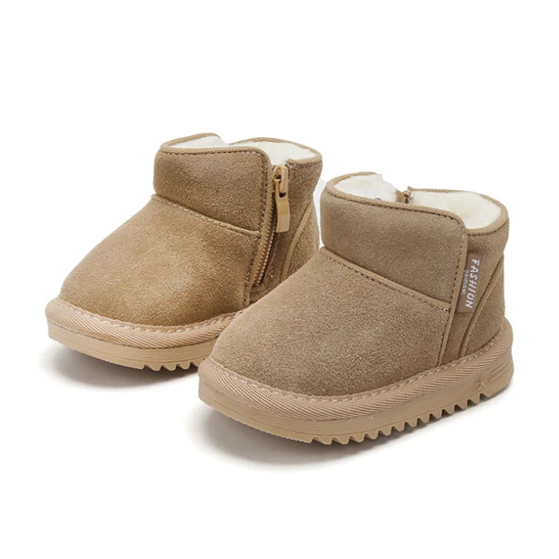2023 New Winter Baby Snow Boots Leather Warm Plush Infant Shoes Zip Side Soft Sole Fashion Toddler Boys Girls Boots 15-25