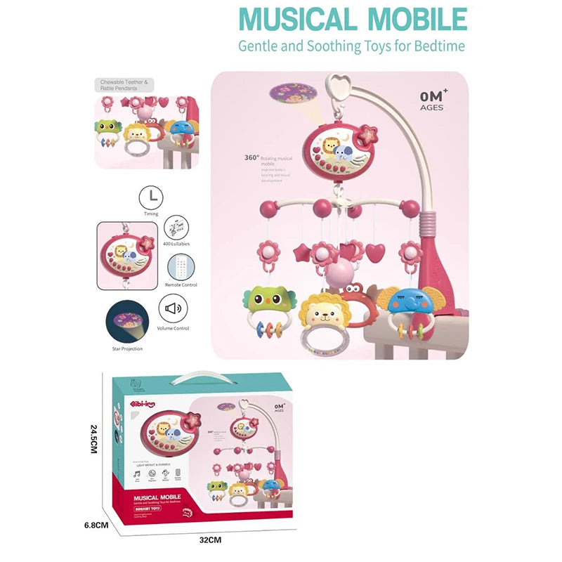 BabyCrib Mobile with Lights Music Projection for Infants 0-6-12 Months Remote Control Crib Toys for Newborn Baby Mobile for Crib