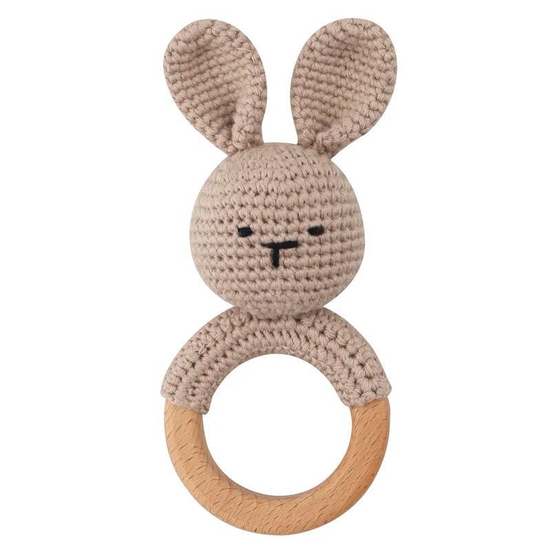 1Pc Wooden Crochet Bunny Rattle Toy Wood Ring Baby Teether Rodent Baby Gym Mobile Rattles Custom Name Educational Toys