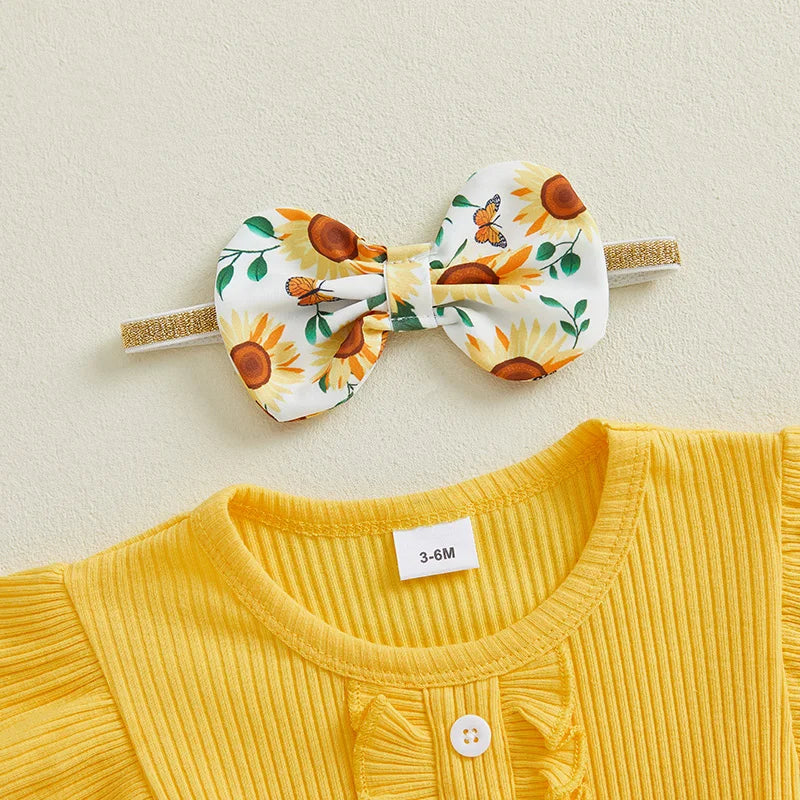 Infant Baby Girl Summer Outfit Sunflower  Print Ruffled Flying Sleeve Crew Neck Romper Dress and Bow Headband 2 Pcs Set