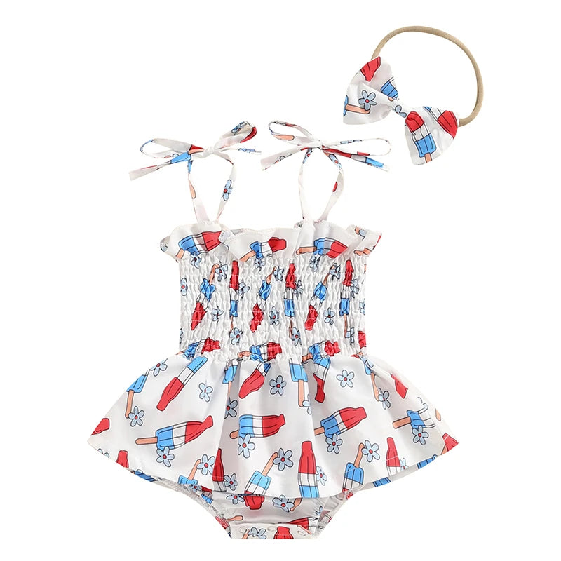 Baby Girl Summer Jumpsuit 4th of July Patriotic Romper Dress and Headband Set Cute Fashion Clothes Outfits