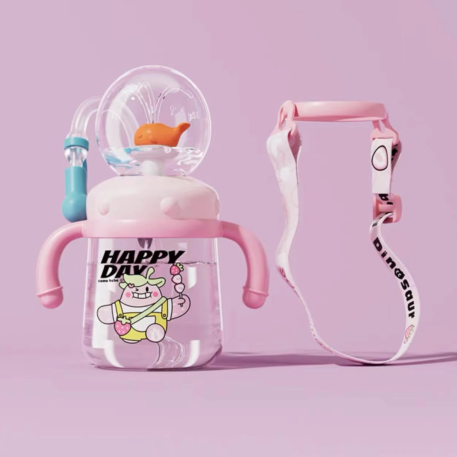Children'S Water Cup Children'S Weighted Straw Cup Cute Water Bottle With Lid And Straw Leak Proof Handle And Adjustable Strap