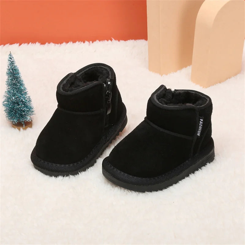 2023 New Winter Baby Snow Boots Leather Warm Plush Infant Shoes Zip Side Soft Sole Fashion Toddler Boys Girls Boots 15-25