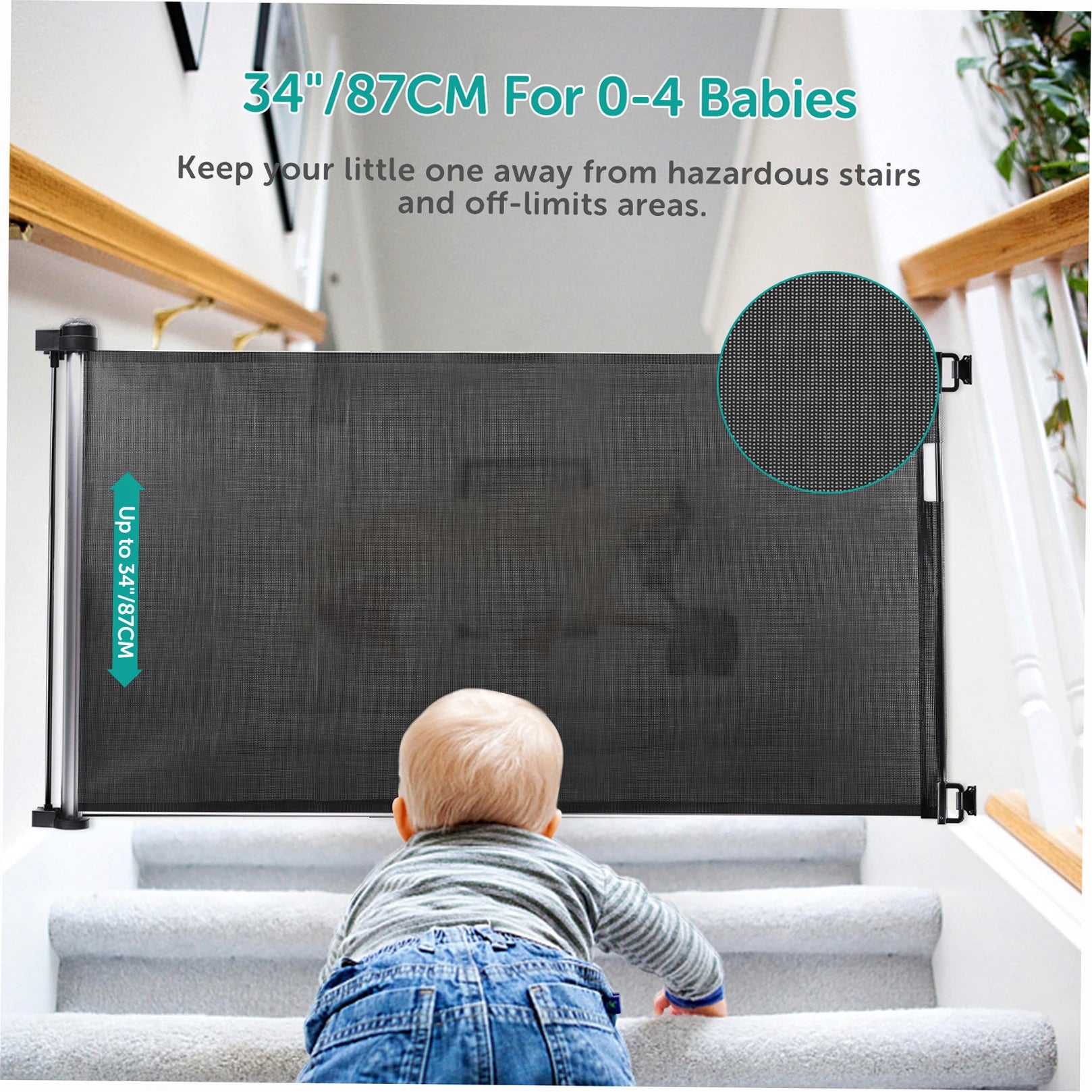 Retractable Baby Safety Gate 34 inch Tall Extends to 61 inch Wide Indoor Outdoor Baby Gate Safety Barrier Pet Dog Mesh Fence Bla