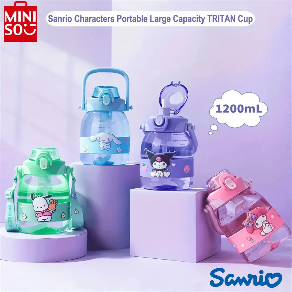 1200ML MINISO Sanrios Anime Cinnamoroll Pochacco Kuromi Tritan Material Water Bottle Cup Large Capacity Plastic Straw Cups