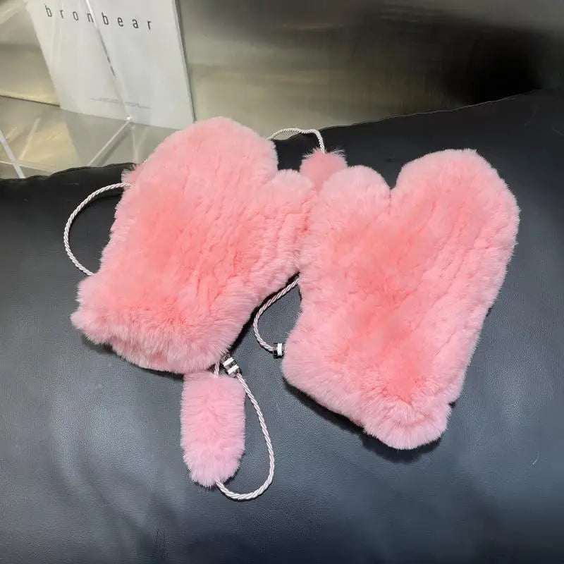 Hot Sale Winter Girl Natural Real Rex Rabbit Fur Gloves Good Elastic Knitted Rabbit Fur Mittens Lady Real Rex Rabbit Fur Gloves