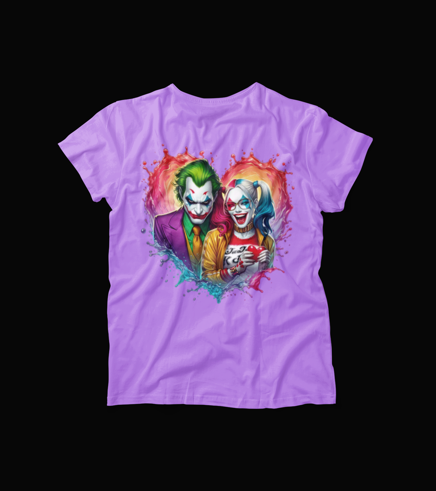 Joker and Harley Inspired T-Shirt – Purple Couple Graphic Tee – Mad Love Valentine Shirt – Villain Love Splash Art Top