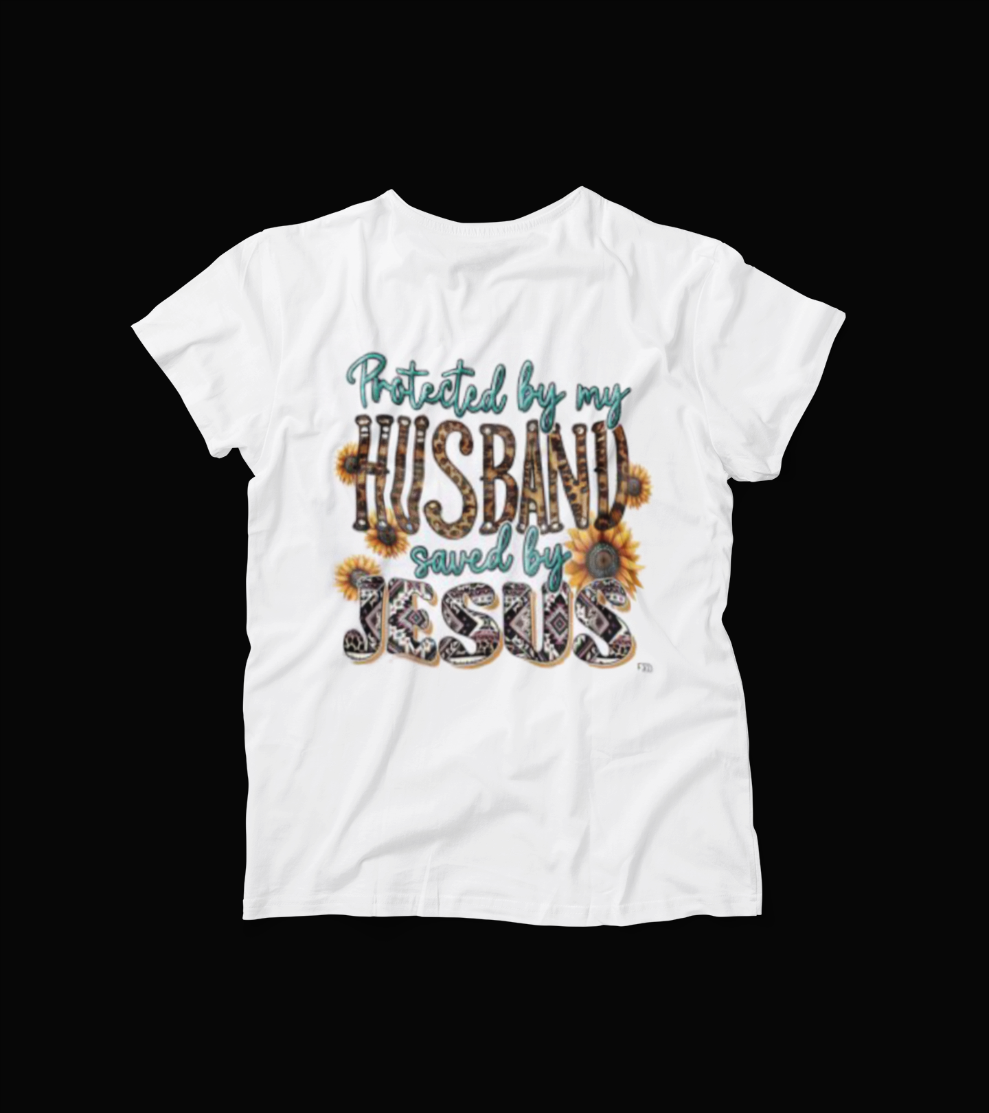 Protected by My Husband Saved by Jesus T-Shirt – Leopard Sunflower Faith Tee – Christian Wife Shirt – Turquoise Inspirational Top