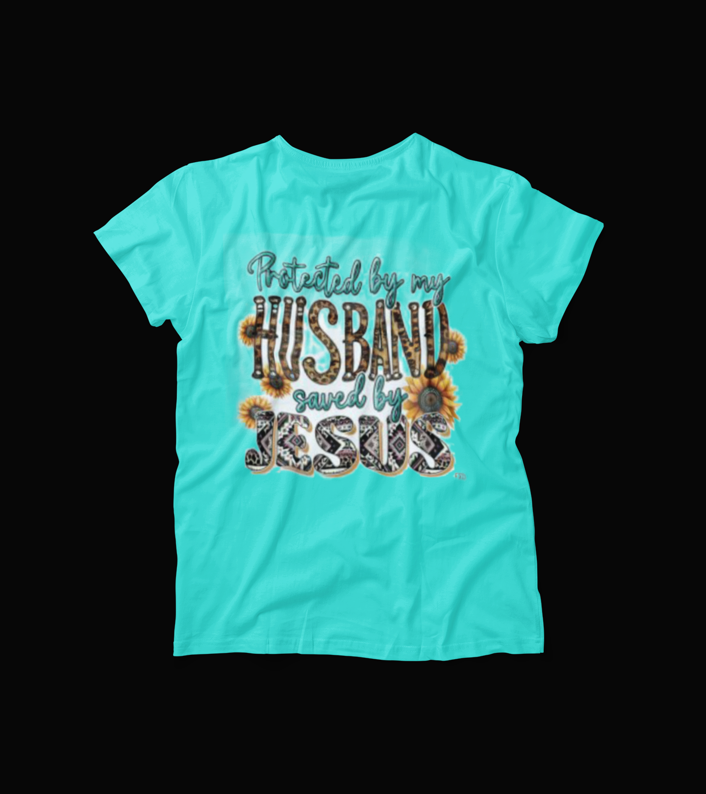 Protected by My Husband Saved by Jesus T-Shirt – Leopard Sunflower Faith Tee – Christian Wife Shirt – Turquoise Inspirational Top