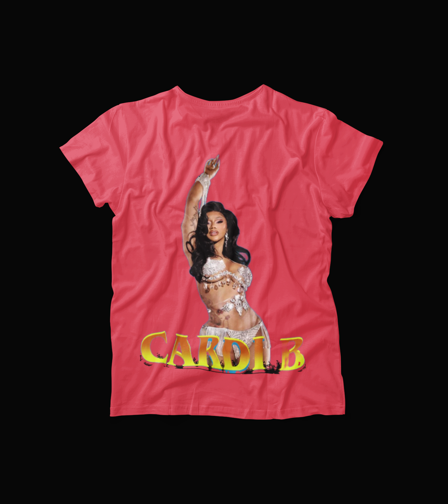 Cardi B Inspired T-Shirt – Fan Graphic Tee – Bold Performance Pose on Red Shirt – Hip Hop Celebrity Style Apparel