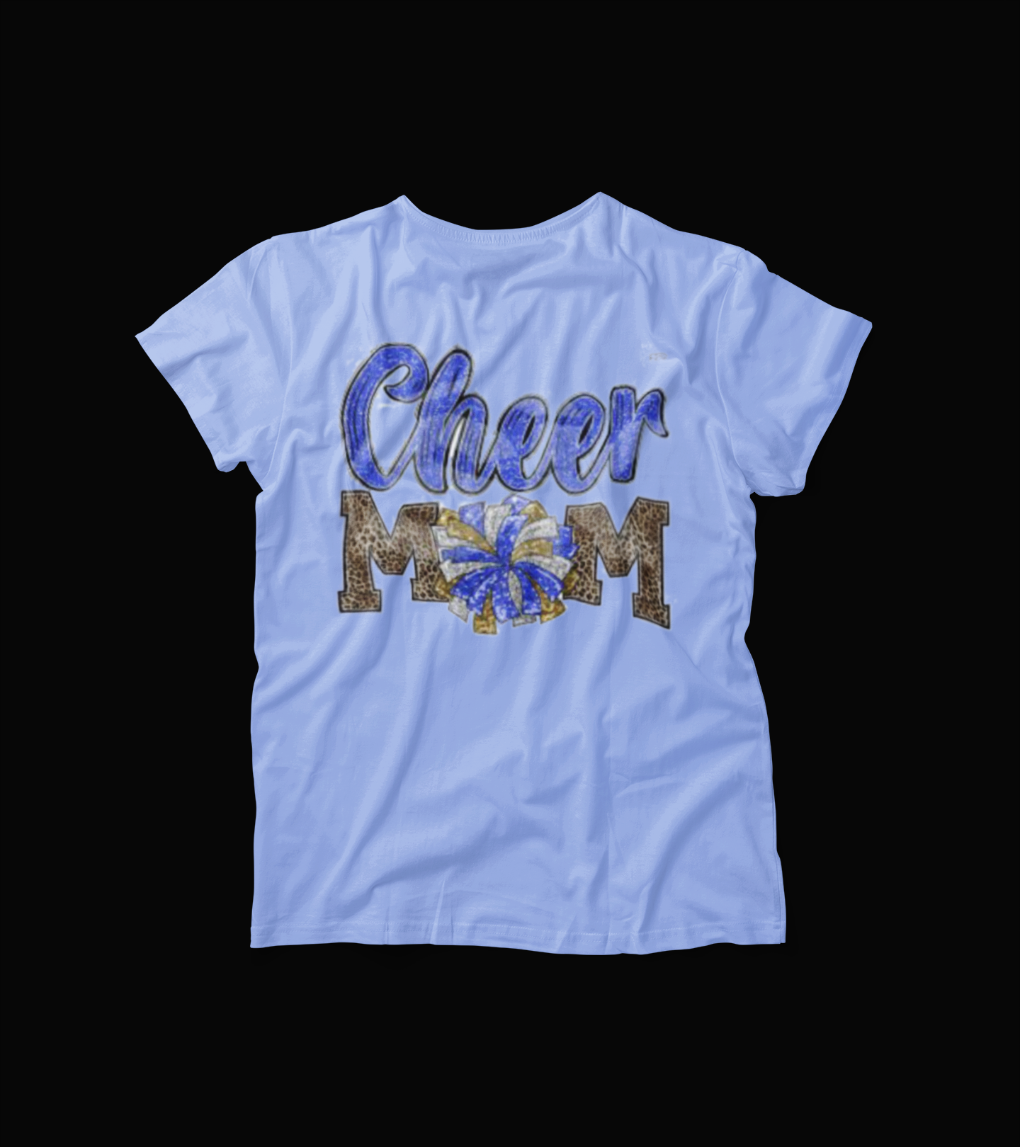 Cheer Mom T-Shirt – Blue Bow & Leopard Print Graphic Tee – Cheerleading Spirit Shirt for Moms – White Game Day Proud Parent Top