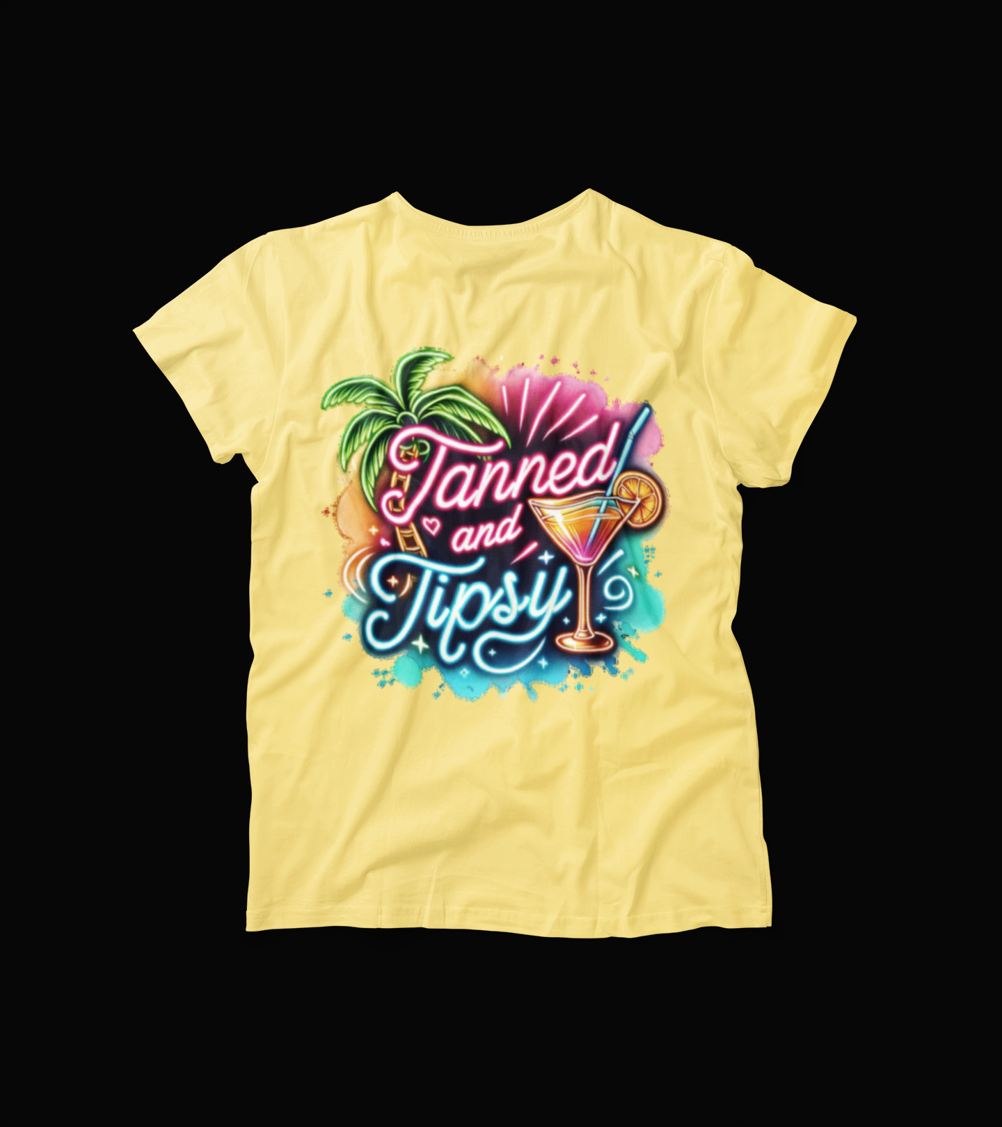 Tanned and Tipsy T-Shirt – Neon Cocktail Graphic Tee – Beach Party Vacation Shirt for Women – Palm Tree Summer Drunk Top