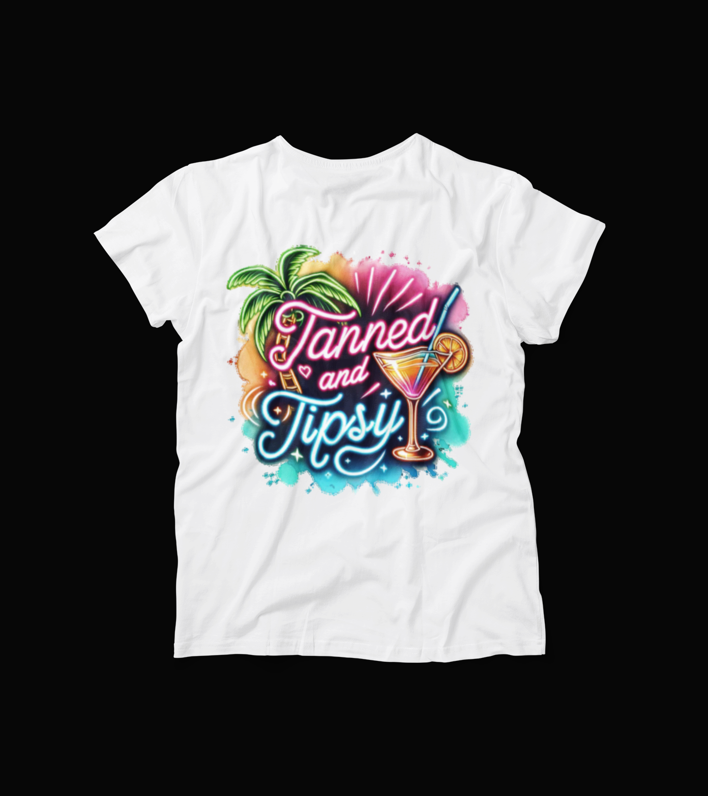Tanned and Tipsy T-Shirt – Neon Cocktail Graphic Tee – Beach Party Vacation Shirt for Women – Palm Tree Summer Drunk Top