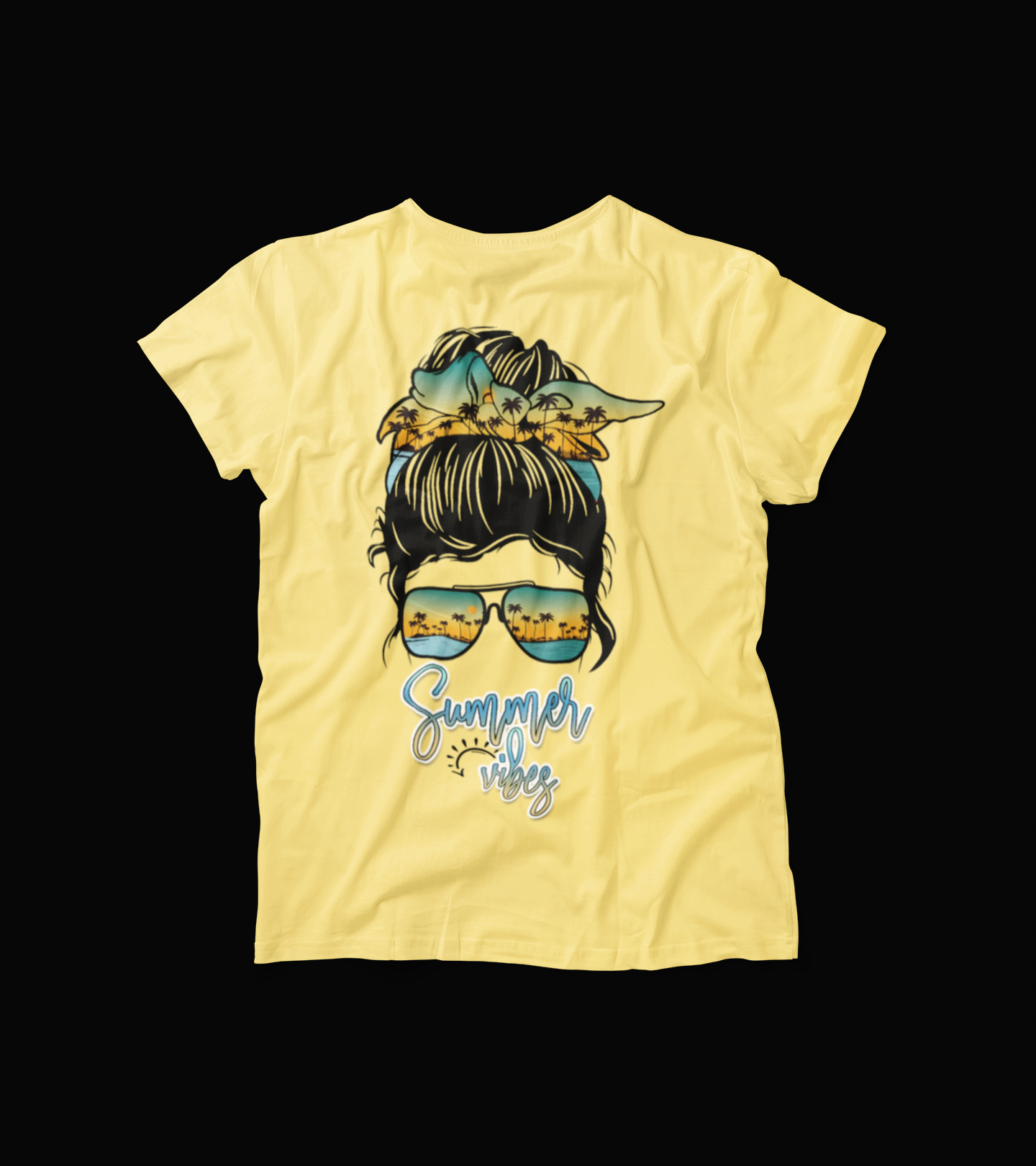 Summer Vibes T-Shirt – Messy Bun Graphic Tee with Sunglasses – Beach Palm Tree Vacation Shirt for Women